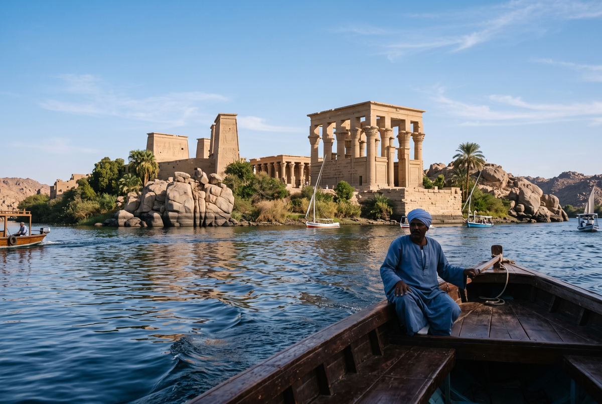 Philae-Tempel vom Boot aus gesehen