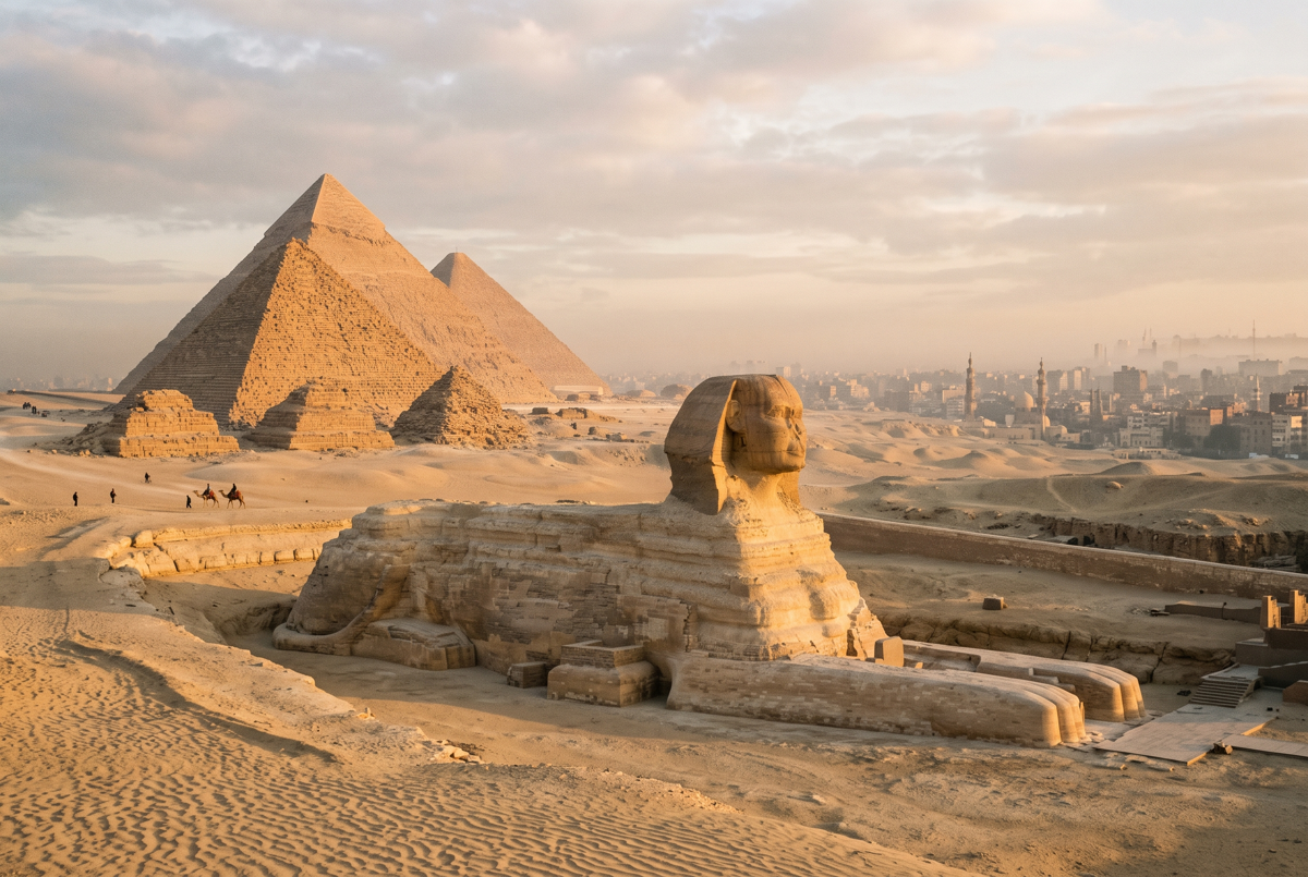 Pyramiden von Gizeh und Sphinx im Morgenlicht