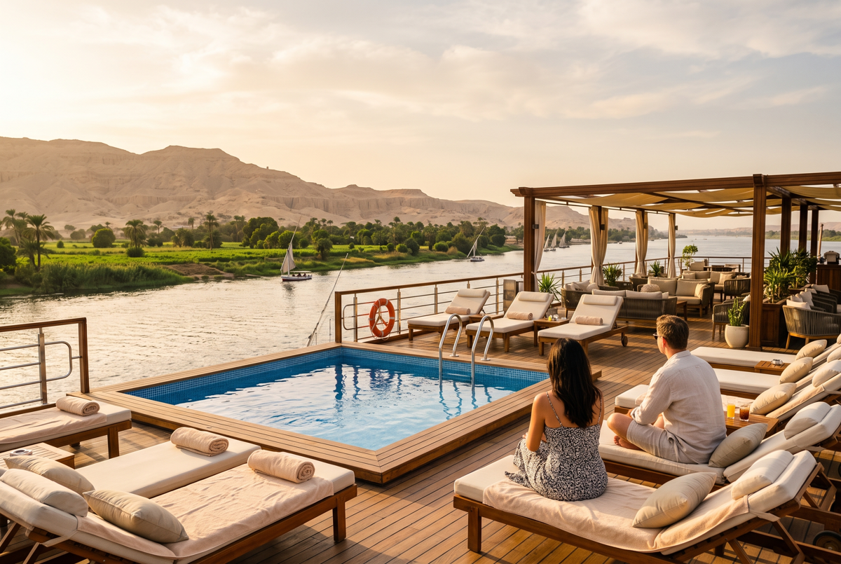 Sonnendeck mit Pool auf einem Nilkreuzfahrtschiff