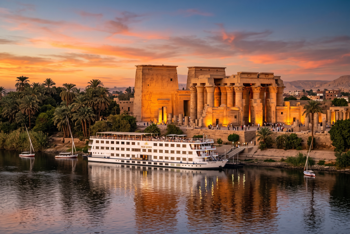 Tempel von Kom Ombo am Nilufer bei Sonnenuntergang mit Nilschiff