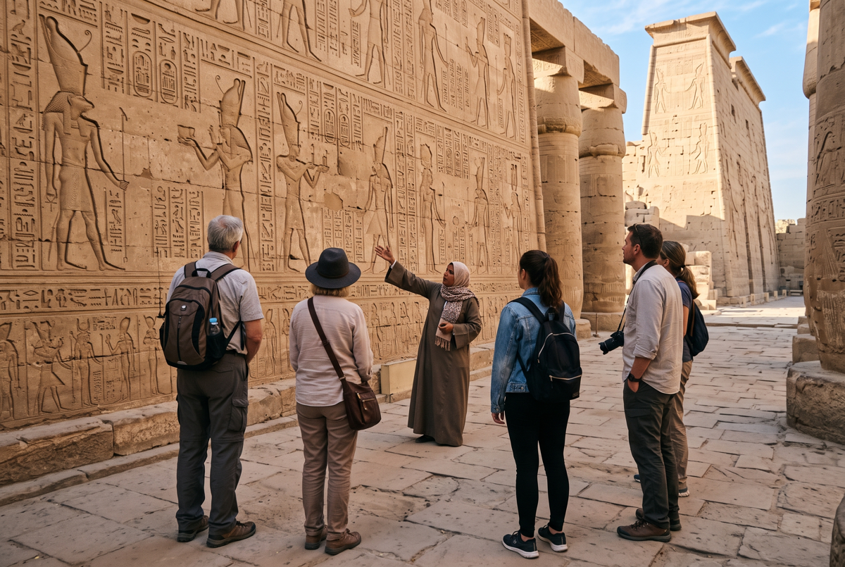 Reiseleiter erklärt einer kleinen Gruppe Hieroglyphen im Tempel