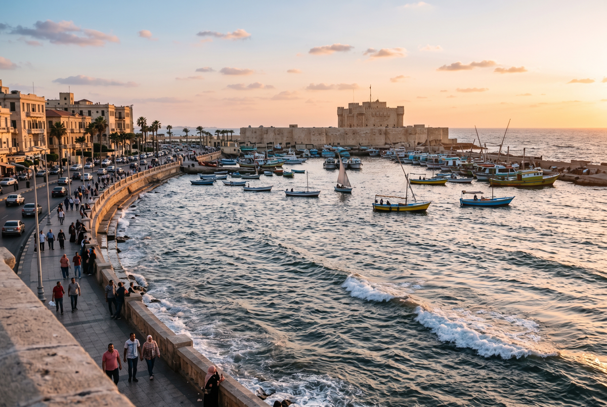Corniche von Alexandria mit der Zitadelle Qaitbay