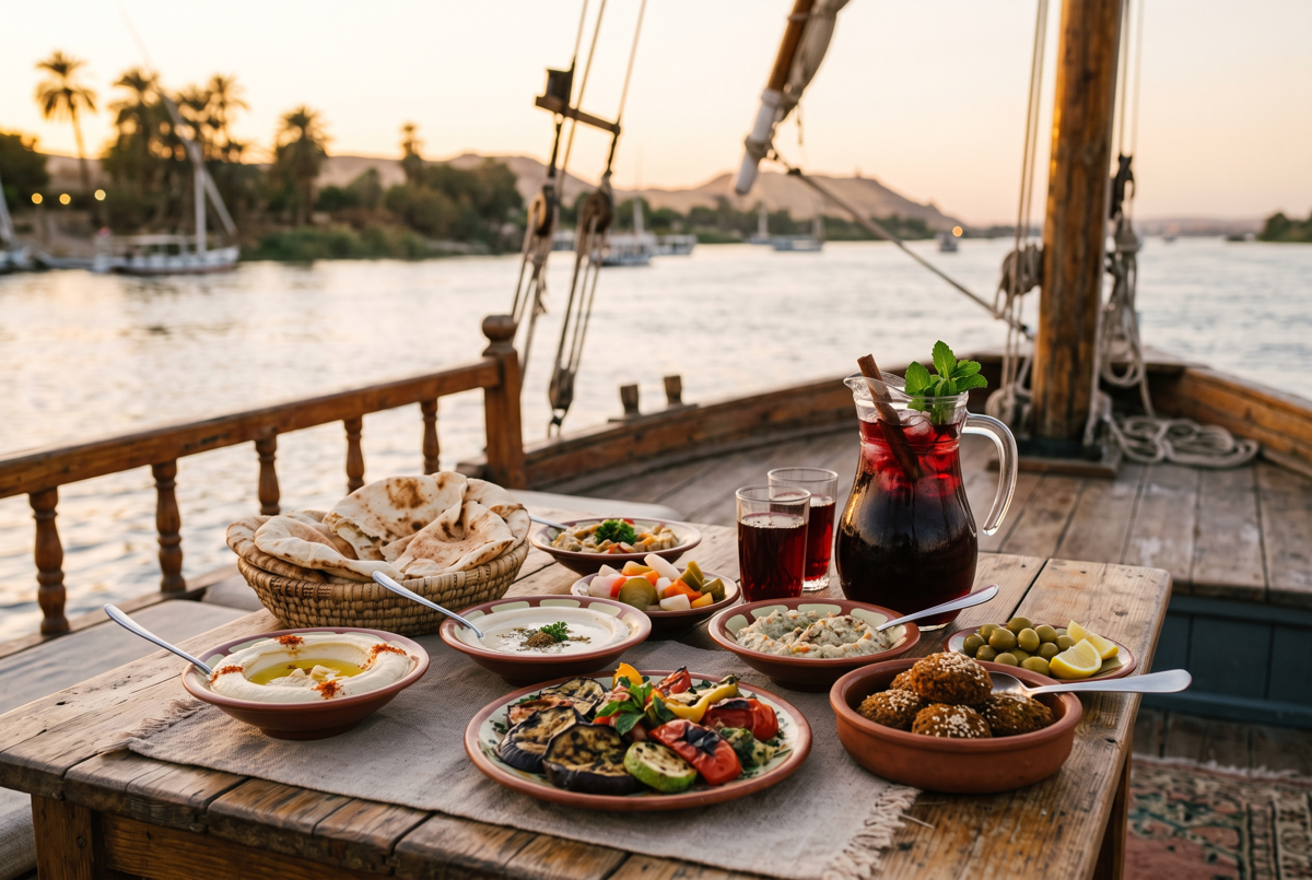 Ägyptische Mezze und Fladenbrot auf dem Deck eines Nilschiffs
