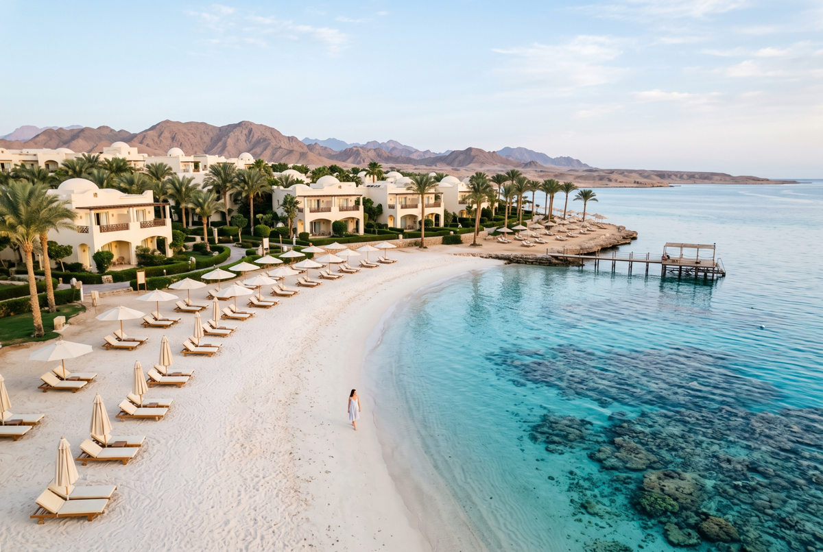 Strand und Hausriff eines Resorts an der Makadi Bay, Rotes Meer