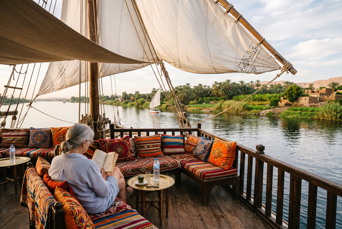 Schattiges Oberdeck einer Dahabeya mit orientalischer Sitzecke